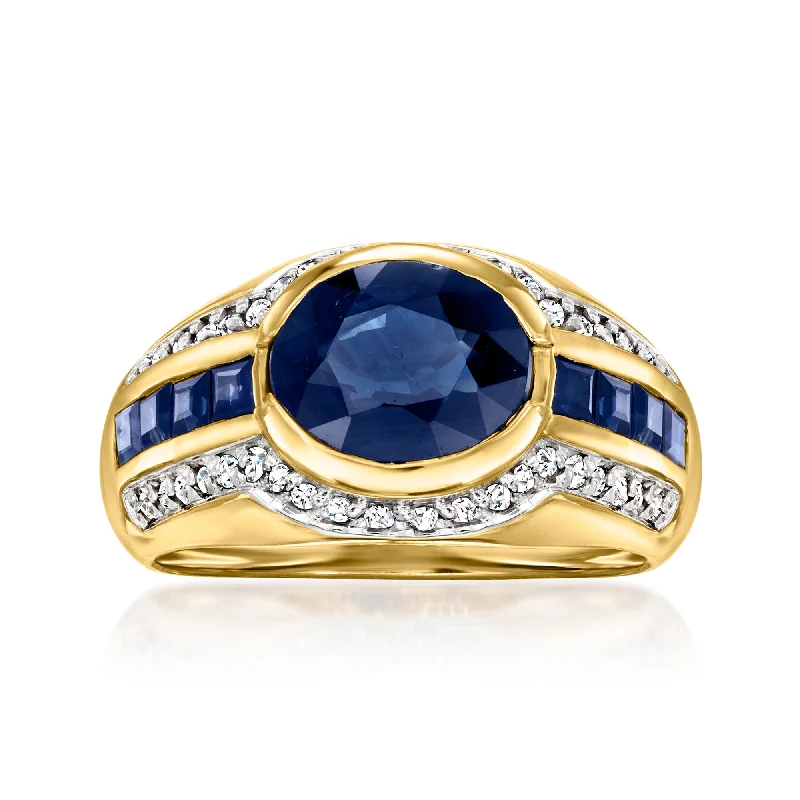 Broad-level ring-Ross-Simons Sapphire and . Diamond Ring in 14kt Yellow Gold