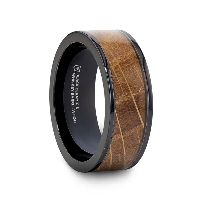 Sunken stone ring-SCOTCH Black Ceramic Ring with Whiskey Barrel Wood Inlay- 8mm