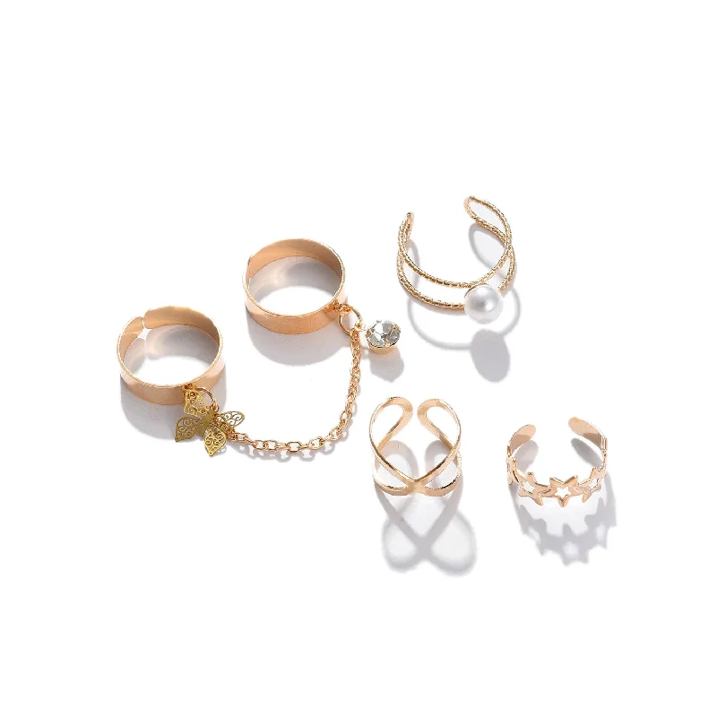 Glowing iolite ring-Set Of 4 Gold-plated  White Beaded Finger Rings