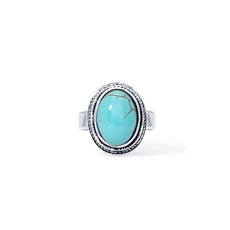 Folk grooved ring-Silver Plated Simulated Turquoise Oval Ring