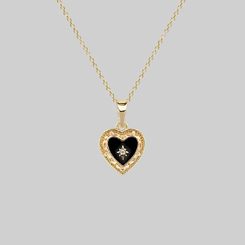 Clean cut necklace-SOLEMN. Black Enamel Heart Necklace - Gold