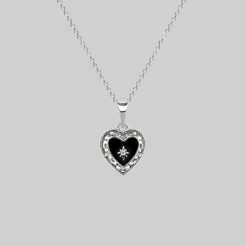 Horizon-cut necklace-SOLEMN. Black Enamel Heart Necklace - Silver