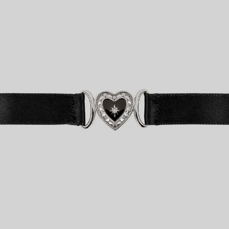 Retro-style opal necklace-SOLEMN. Black Enamel Heart Satin Choker - Silver