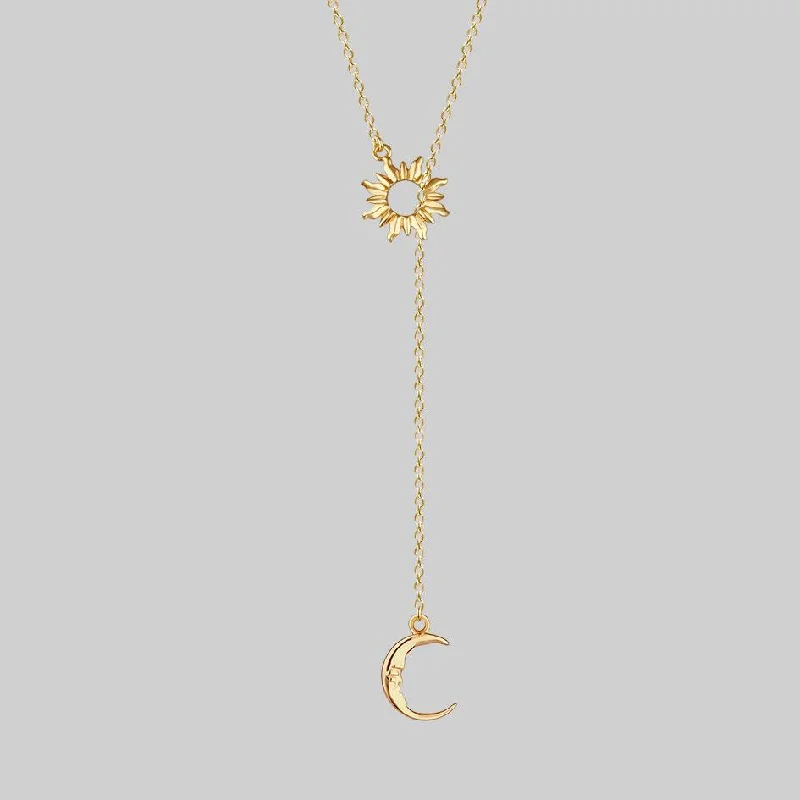 Pulse-wave necklace-SOLSTICE. Sun & Moon Lariat Necklace - Gold