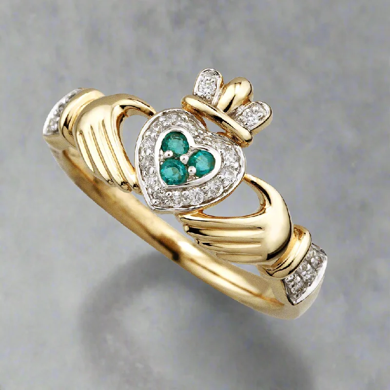 Crafted gold ring-14K Diamond & Emerald Claddagh Ring