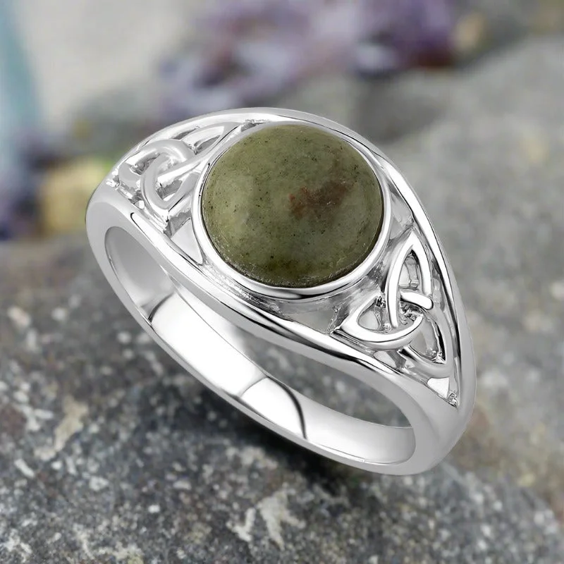 Hammered gold ring-Connemara Marble Celtic Trinity Knot Ring