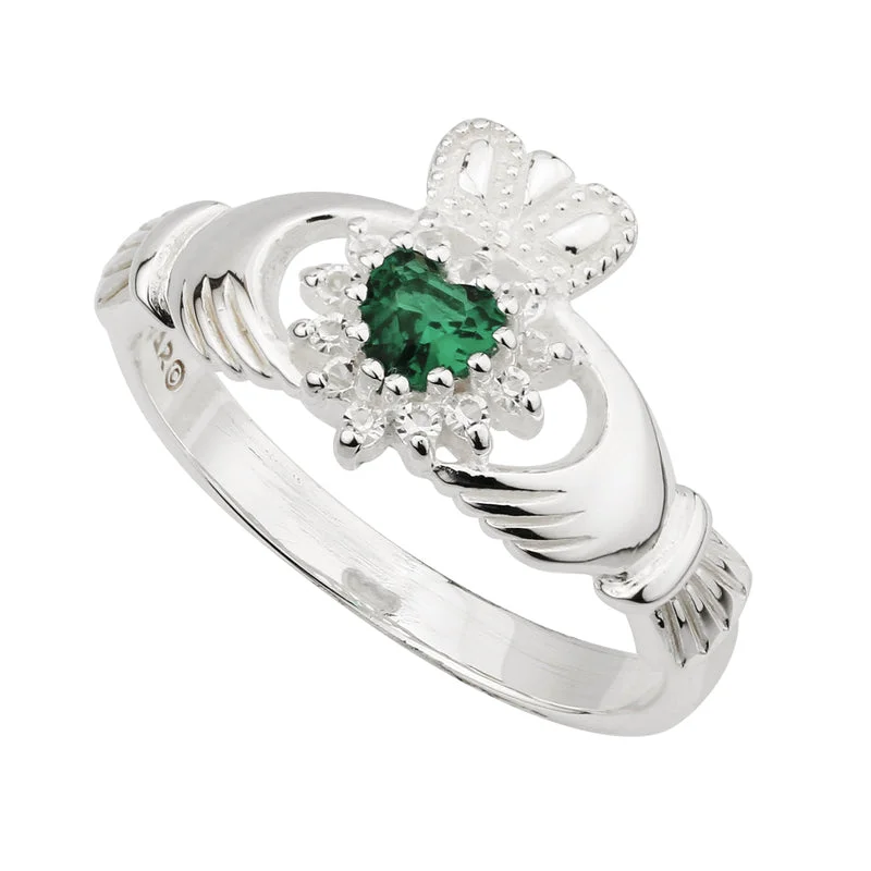 Deep emerald ring-Sterling Silver Crystal Heart Claddagh Ring