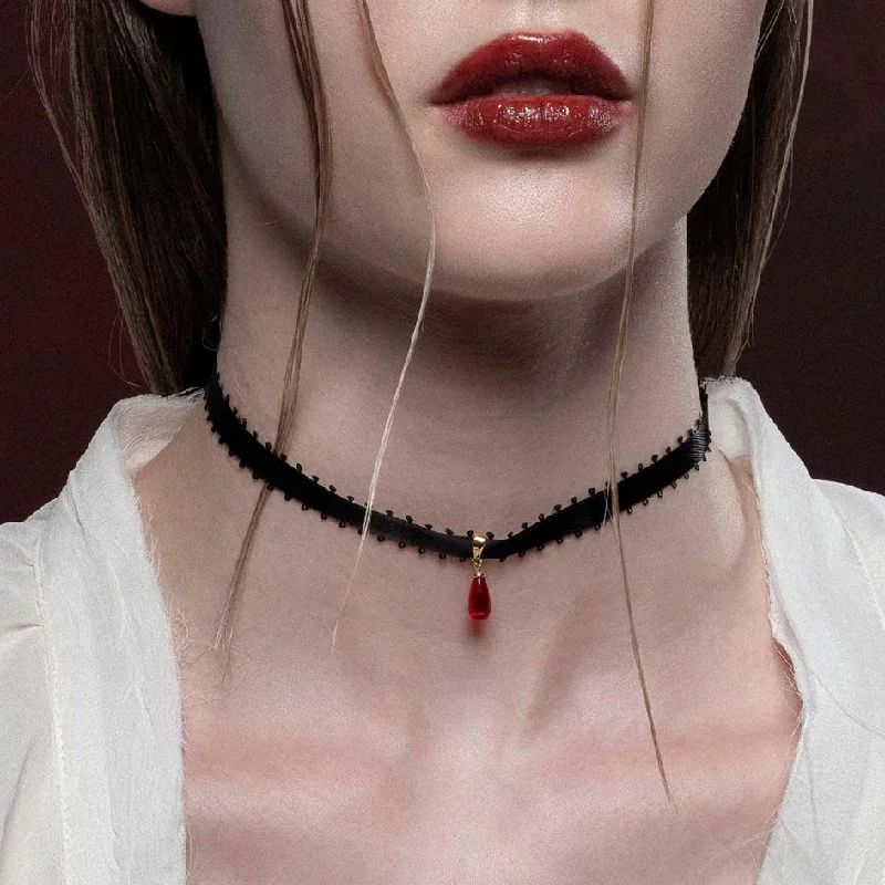 Lush moonstone necklace-SORROW. Red Glass Droplet Ribbon Choker - Gold