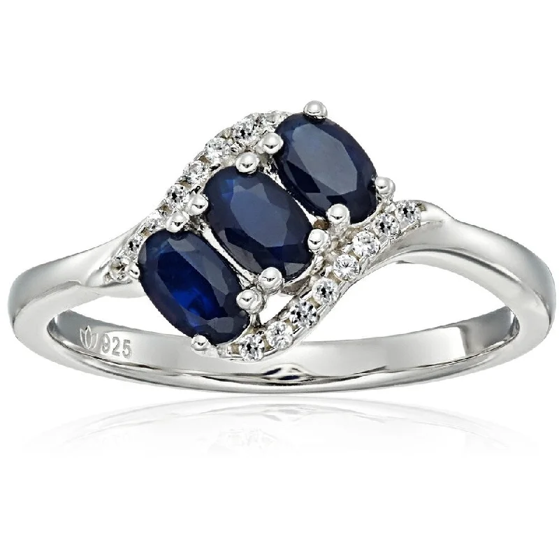 Pure pearl ring-Ster Silver Blue Sapphire, Created White Sapphire 3-stone Ring, Sz 7