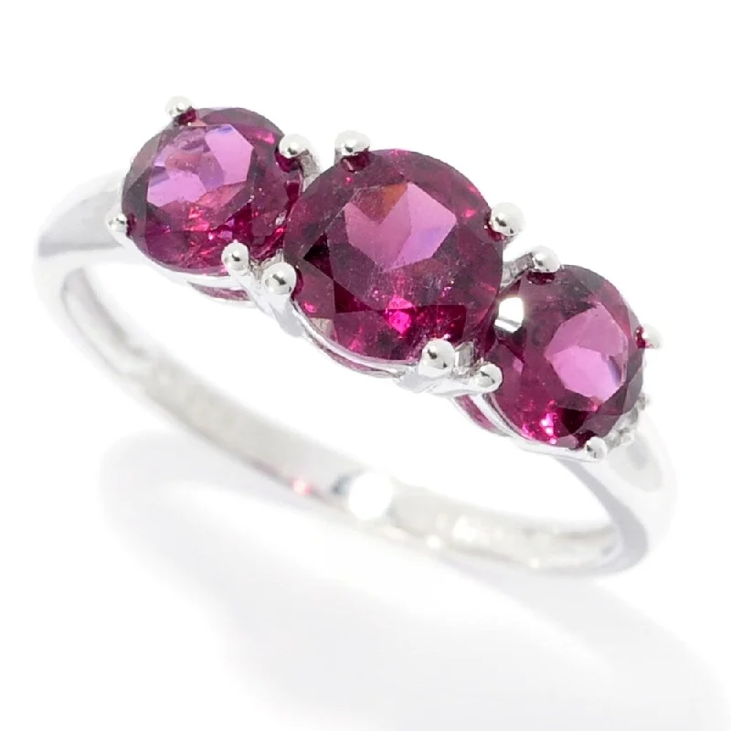 Glimmering gem ring-Ster Silver Rhodolite Garnet Round Cut 3-Stone Ring Size-7 - Red