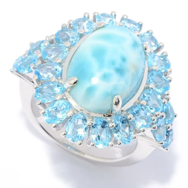 Broad-level ring-Sterling Silver 14 x 10mm Larimar & Blue Topaz Halo Ring