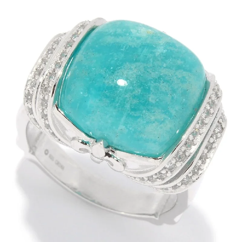 Angled stone ring-Sterling Silver 14mm Cushion Shaped Amazonite & White Zircon Ring