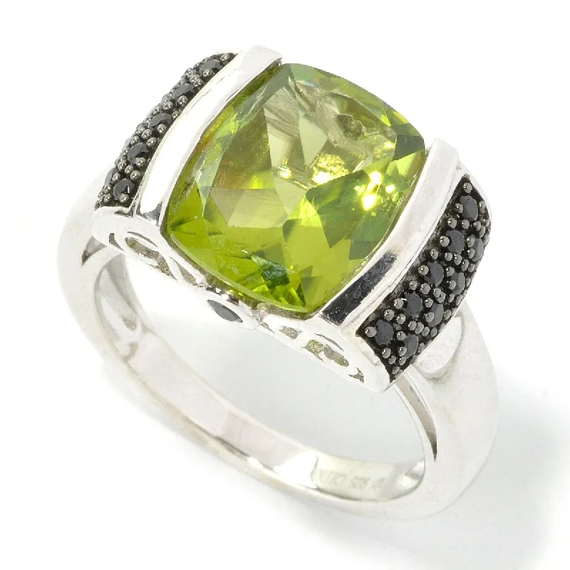 Dewdrop gem ring-Sterling Silver 3.85Ctw 9Mm Cushion Peridot & Black Spinel Ring