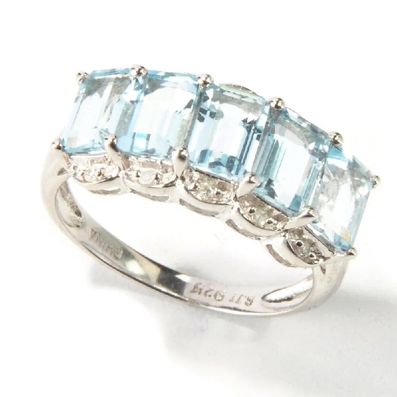 Nonagonal stone ring-Sterling Silver Aquamarine & Diamond Ring - Blue