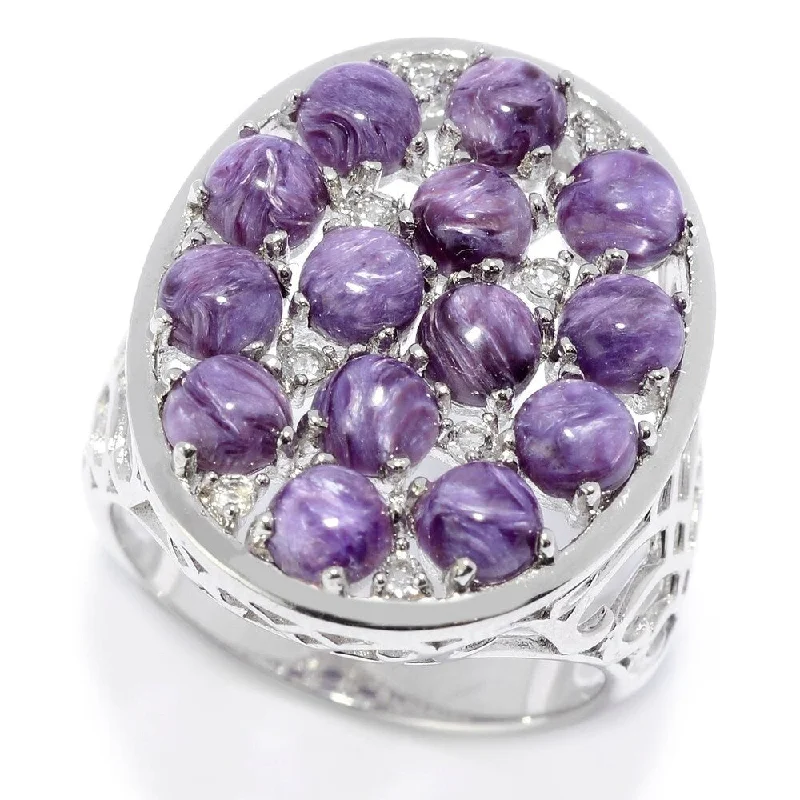 Brushed steel ring-Sterling Silver Charoite & White Topaz Oval Shaped Ring