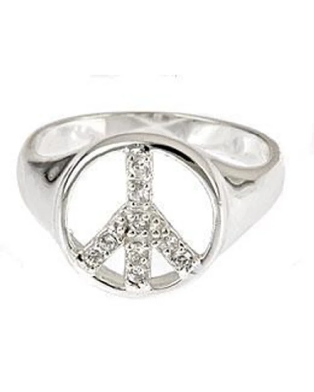 Raised-tier ring-Sterling Silver CZ Peace Sign Ring