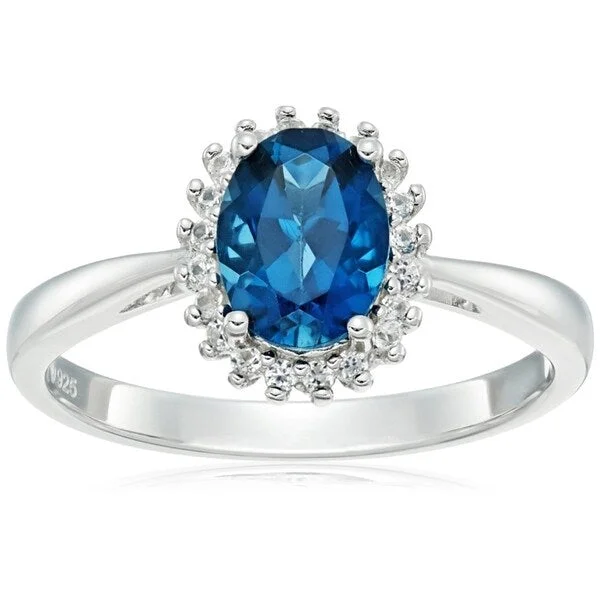 Grooved rim ring-Sterling Silver London Blue Topaz, Created White Sapphire Ring, SZ 7