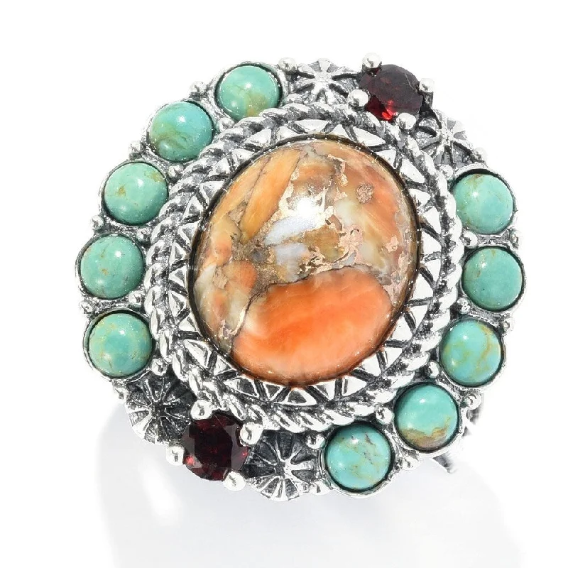 Crafted gold ring-Sterling Silver Orange Spiny Oyster & Gemstone Halo Ring