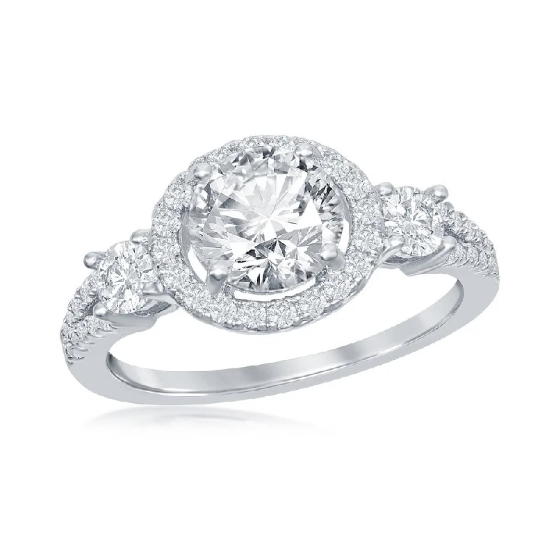 Dainty filigree ring-Sterling Silver Round CZ Halo with Side Stones Open Band Engagement Ring