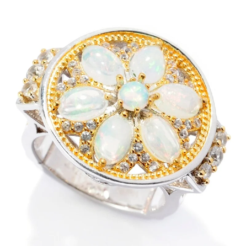 Braided ring-Sterling Silver Two-tone Ethiopian Opal & White Zircon Flower Ring