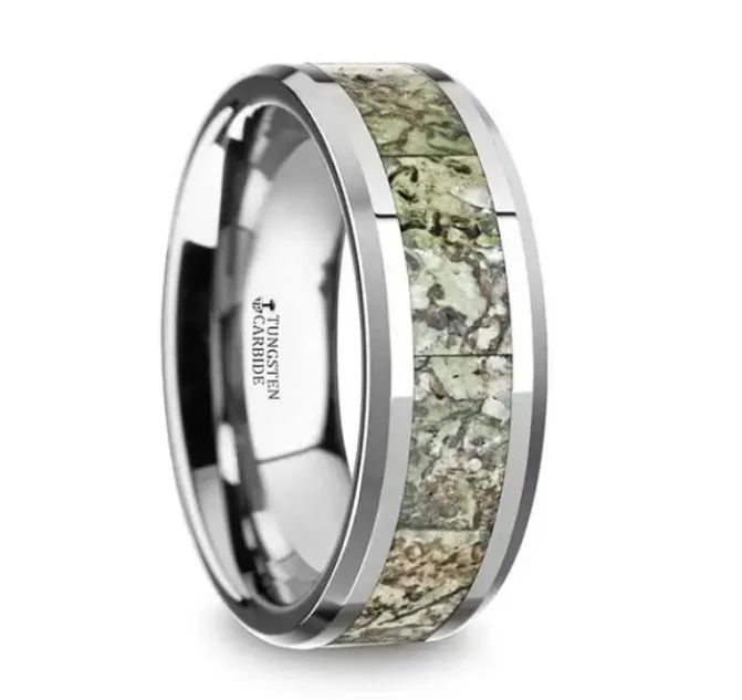 Hammered gold ring-TARGARYEN Men’s Tungsten Ring with Green Dinosaur Bone Inlay & Beveled Edges - 8mm