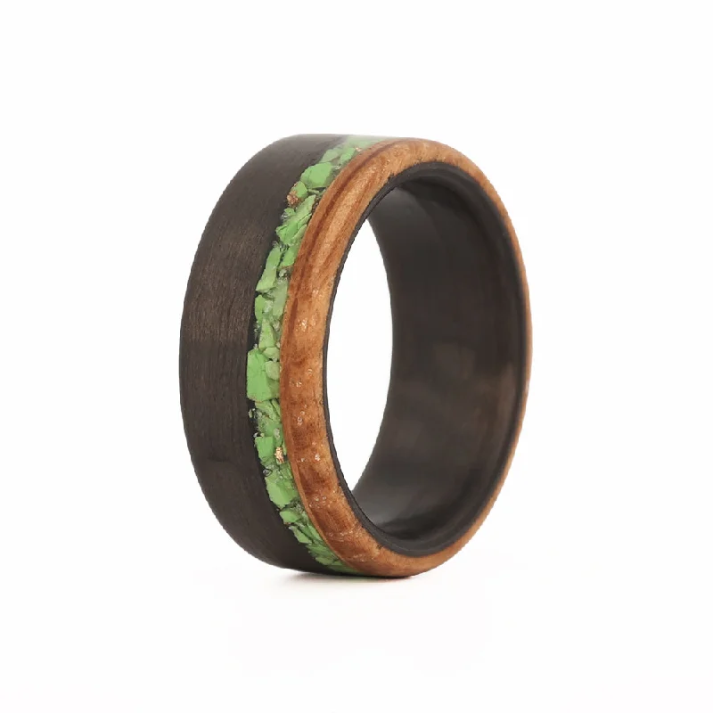 Dainty filigree ring-The Mojave - Green Turqouise with Whiskey Barrel Wood and Carbon Sleeve Ring