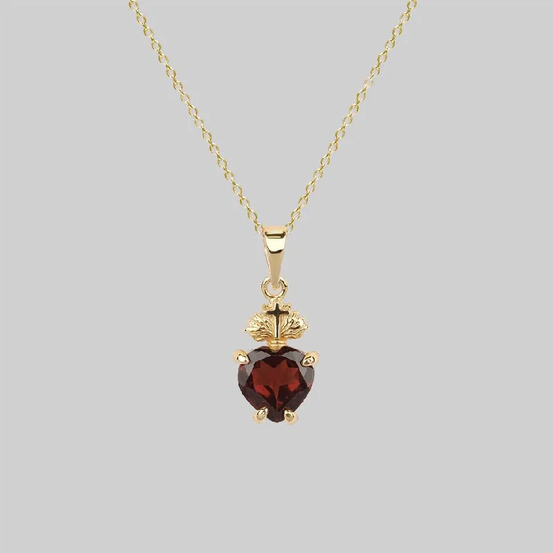 Glossy obsidian necklace-The Sacred Heart Garnet Necklace - Gold