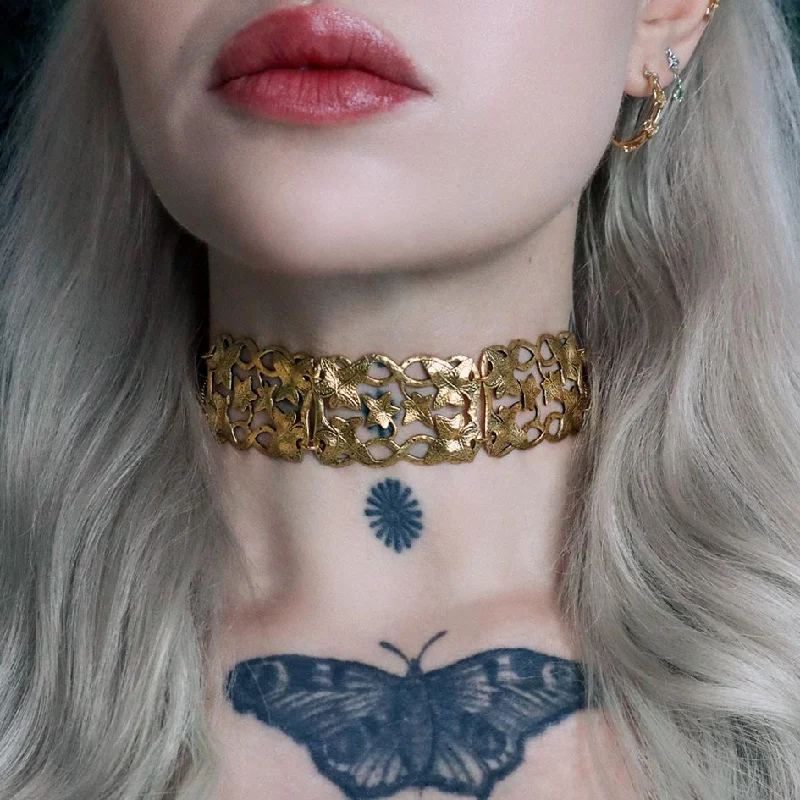 Delicate silver necklace-THORA. Climbing Ivy Wide Choker - Gold