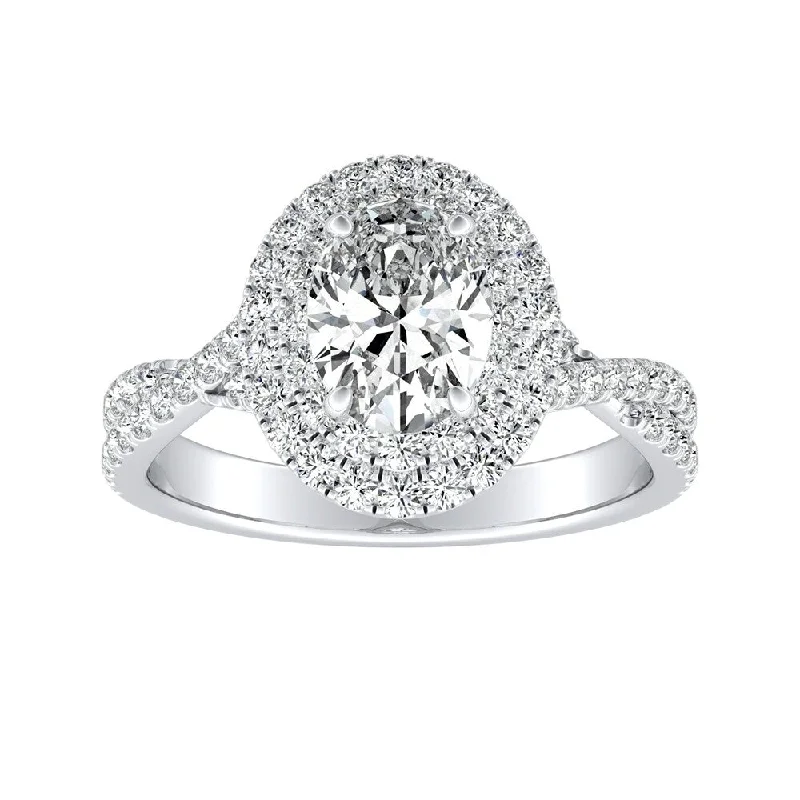 Looping wire ring-Twisted Oval Shape 1 1/2ctw Double Halo Diamond Engagement Ring 18k Gold by Auriya (I-J, I1-I2)