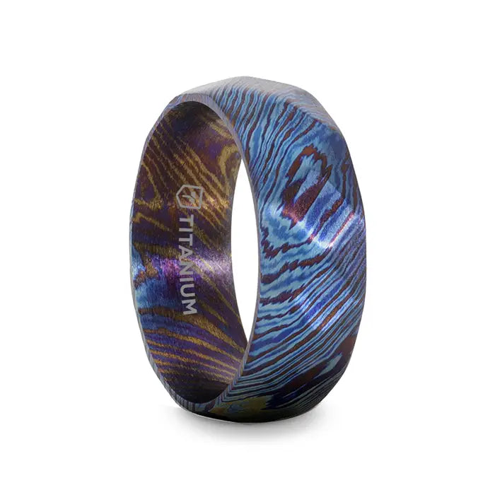 Icy topaz ring-TYRIAN Brushed Titanium Ring with Blue and Purple Wavy Design - 8mm