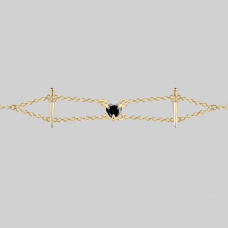 Thin diamond necklace-VINDICATE. Swords & Onyx Heart Choker - Gold