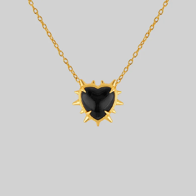 Glowing citrine necklace-VOID. Spiked Black Glass Heart Necklace - Gold