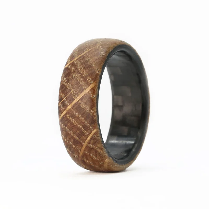 Crafted gold ring-The Distiller-Whiskey Barrel Domed Men's Ring with Carbon Sleeve