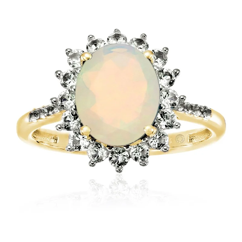 Stippled band ring-Yellow Gold Over Sterling Silver Ethiopian Opal and Created White Sapphire Ring