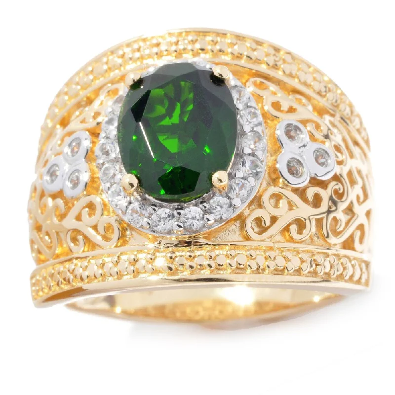 Parted-tier ring-Yellow Vermeil Over Sterling Silver Chrome Diopside/ White Zircon Wide Band Ring