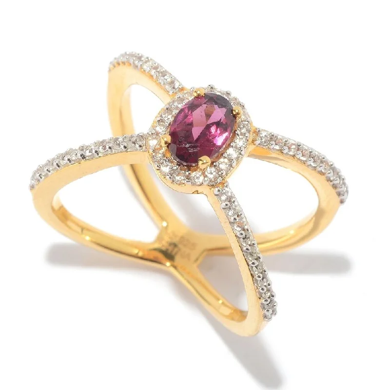 Open-slot ring-Yellow Vermeil "X" Halo Rhodolite Ring