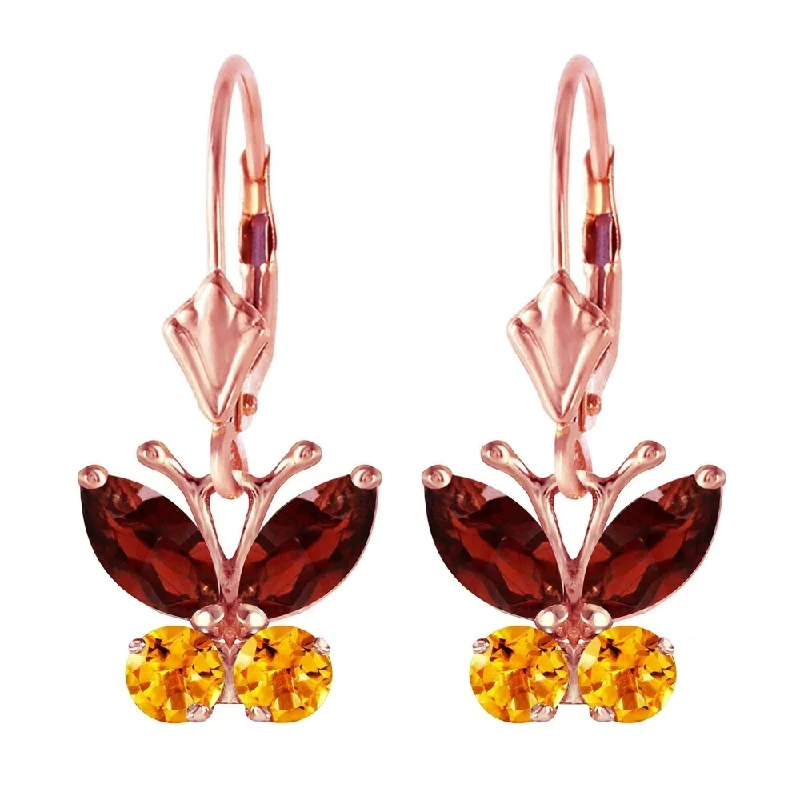 Natural garnet earrings-1.24 CTW 14K Solid Rose Gold Butterfly Earrings Garnet Citrine