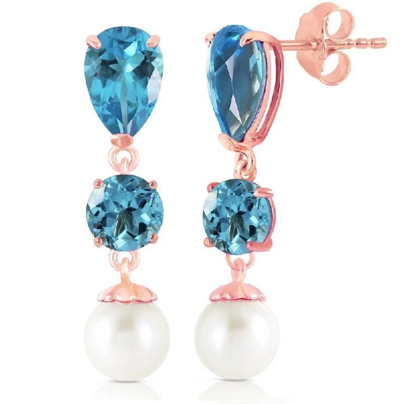 Luminous diamond earrings-10.5 CTW 14K Solid Rose Gold Drop Earrings Blue Topaz And pearl