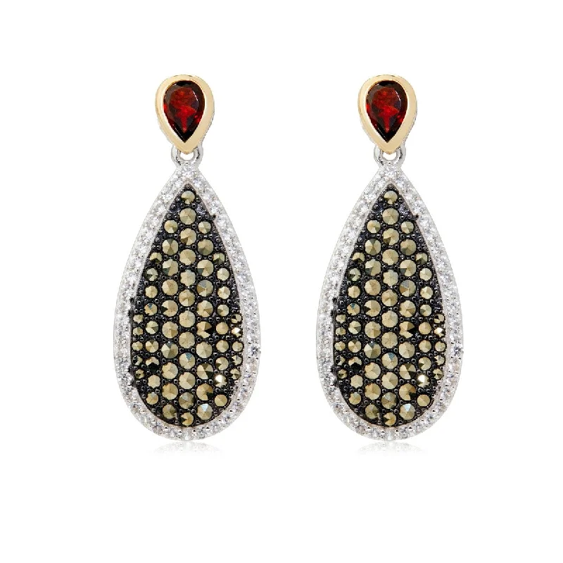 Braided earrings-14K Gold & Sterling Silver with Garnet, Marcasite Drop Earrings