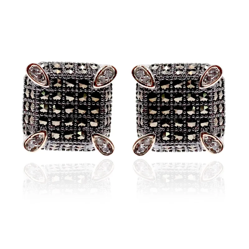 Parted-tier earrings-14K Gold & Sterling Silver With Marcasite, Zircon Earrings