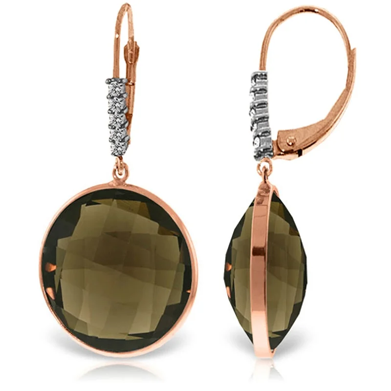 Satin gold earrings-14K Solid Gold Diamonds Earrings w/ Checkerboard Cut Smoky Quartz