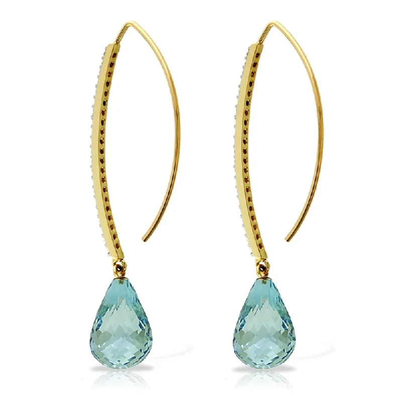 Subtle arc earrings-14K Solid Gold Diamonds Fish Hook Earrings with Dangling Briolette Blue Topaz