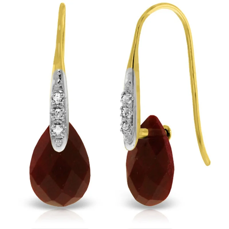 Ridge-set earrings-14K Solid Gold Fish Hook Earrings w/ Diamonds & Dangling Dyed Rubies