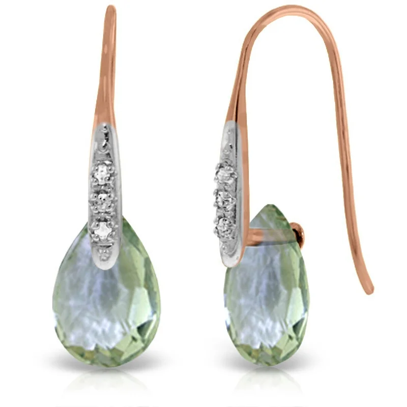 Sharp stone earrings-14K Solid Gold Fish Hook Earrings w/ Diamonds & Green Amethyst