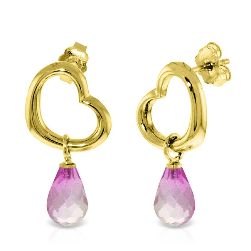 Elevated stone earrings-14K Solid Gold Heart Gemstone Earrings w/ Dangling Natural Pink Topaz