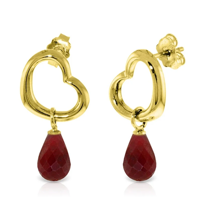 Gentle wave earrings-14K Solid Gold Heart Gemstone Earrings w/ Dangling Natural Rubies