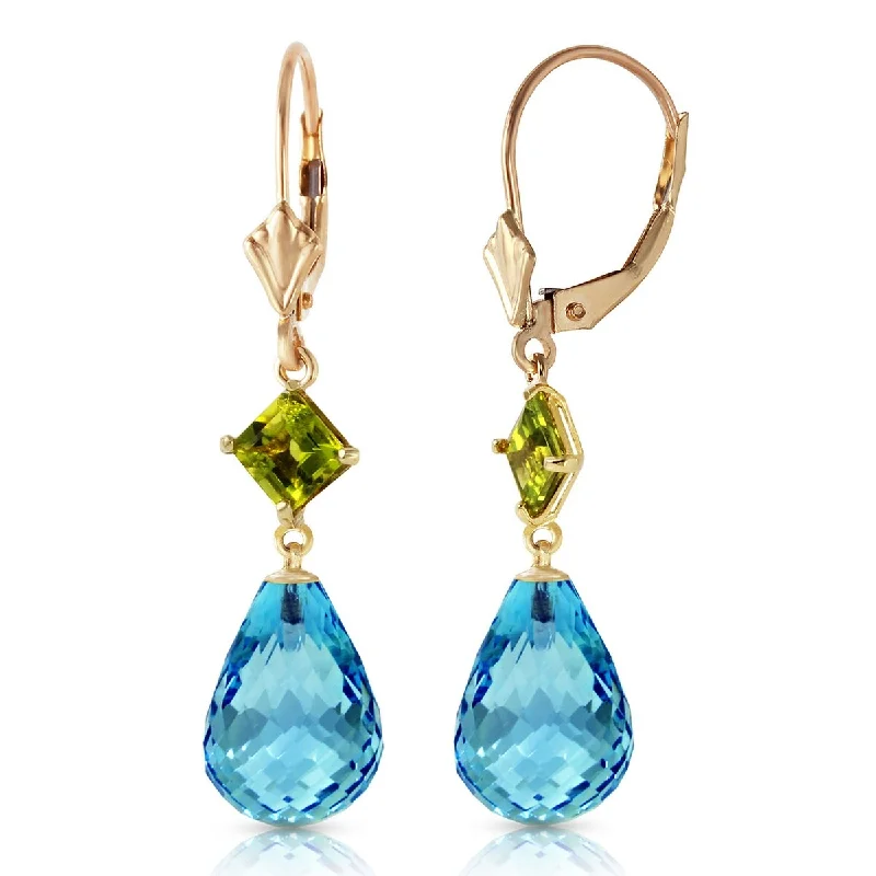 Sparkling gem earrings-14K Solid Gold Leverback Earrings Peridot & Blue Topaz Gemstone