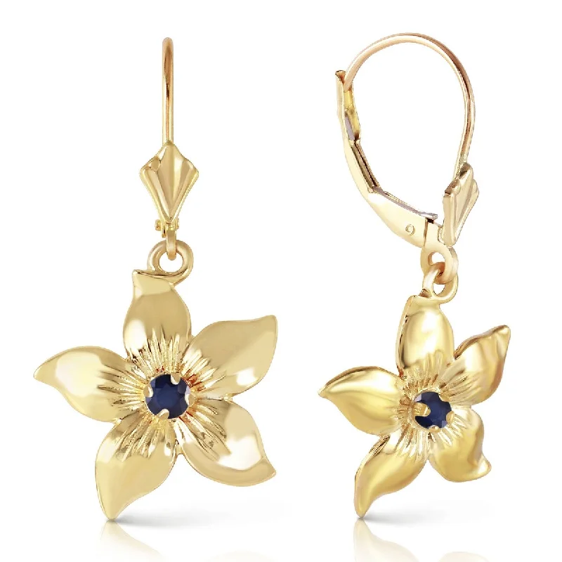 Glowing iolite earrings-14K Solid Gold Leverback Flowers Gemstone Earrings w/ Sapphires