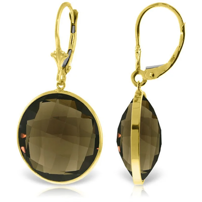 Offset stone earrings-14K Solid Gold Leverback Gemstone Earrings Round Smoky Quartz