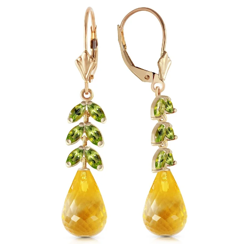 Heptagon stud earrings-14K Solid Gold Leverback Gemstone Earrings w/ Peridot & Citrines